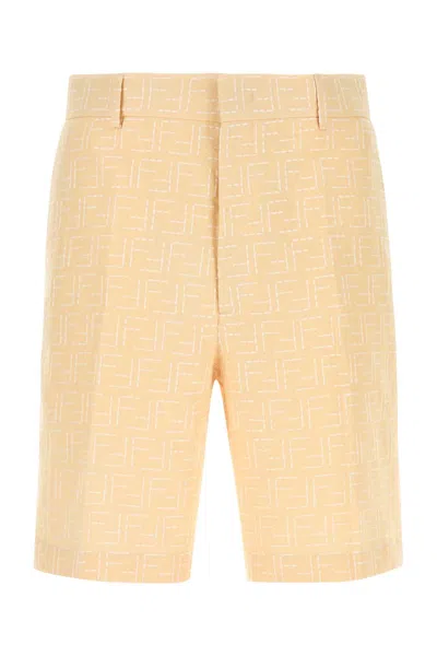 Fendi Shorts Linen Ff Jacq Allover In Yellow