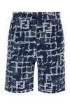 Fendi Blue Bermuda Shorts With Ff Print In Cotton And Linen Man In Blue