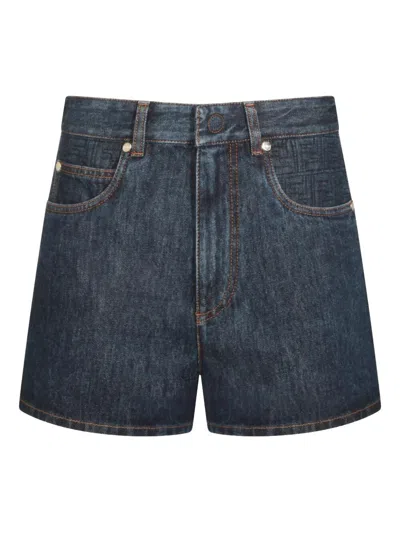 Fendi Denim Flared Shorts With Quilted Ff Pattern In Blue