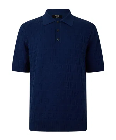 Fendi Shortsleeve Knit Polo In Blue