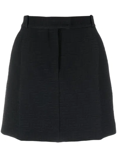 Fendi Signature Black Cotton Mini Skirt With Monogram Pattern And Belt Loops