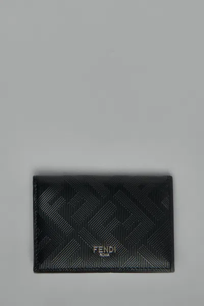 Fendi Signature Grained Leather Card Case In Black