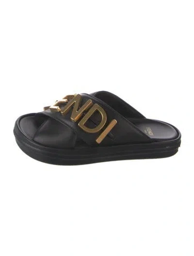 Pre-owned Fendi Signature Logo Leather Slides In Black