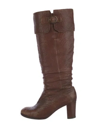 Pre-owned Fendi Signature Logo Leather Slouch Boots In Brown