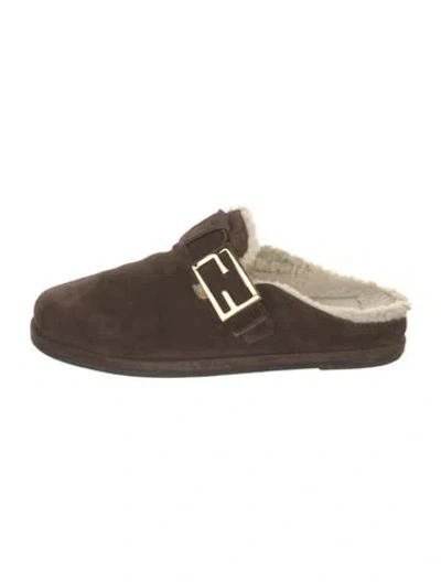 Pre-owned Fendi Signature Logo Suede Mules In Brown