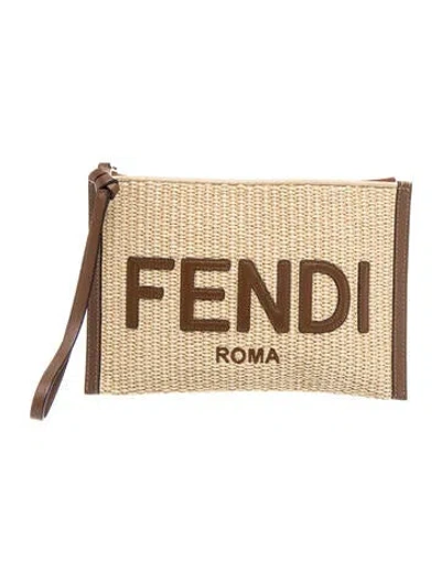 Pre-owned Fendi Signature Raffia Flat Pouch 2024 In Neutrals