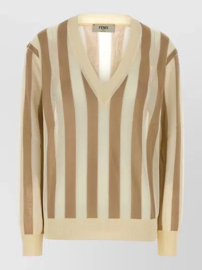 Fendi Silk Blend Sweater V Neckline Stripes In Animal Print