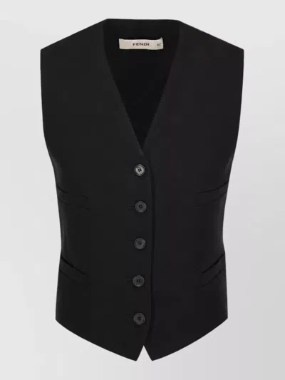 Fendi Silk Blend V-neck Sleeveless Vest In Black