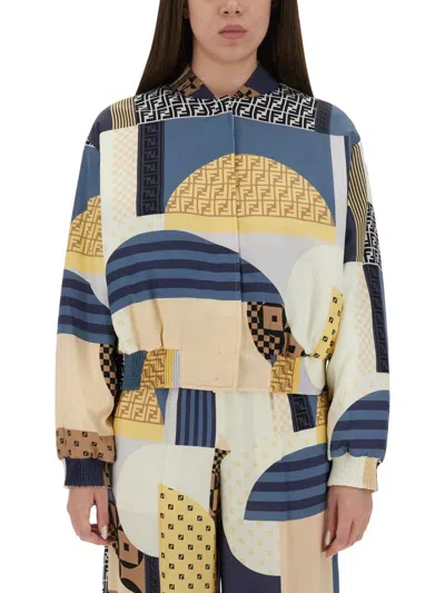 Fendi Silk Bomber Jacket With Patchwork Print In Blue