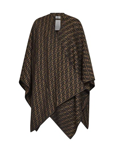 Fendi Silk Brown Ff Jacquard Wool And Silk Poncho In Camel