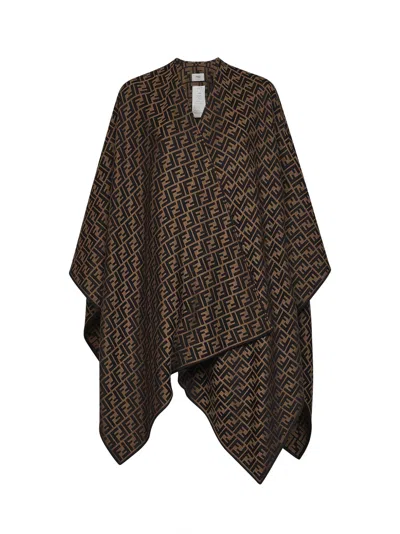 Fendi Silk Brown Ff Jacquard Wool And Silk Poncho In White