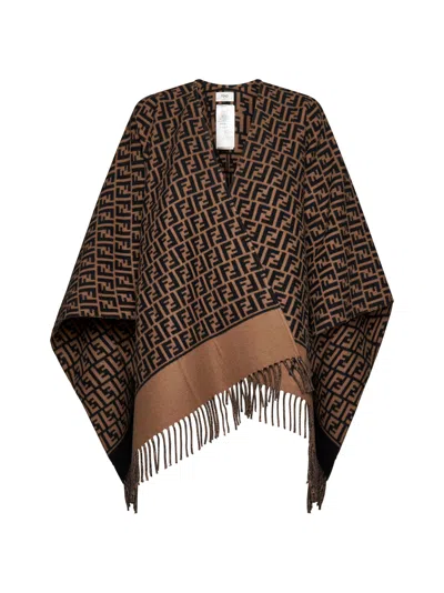 Fendi Silk Brown Wool And Cashmere Poncho