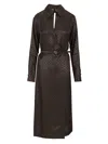 Fendi Silk Chess Ff Long Sleeve Midi Dress Dresses Brown In Brown