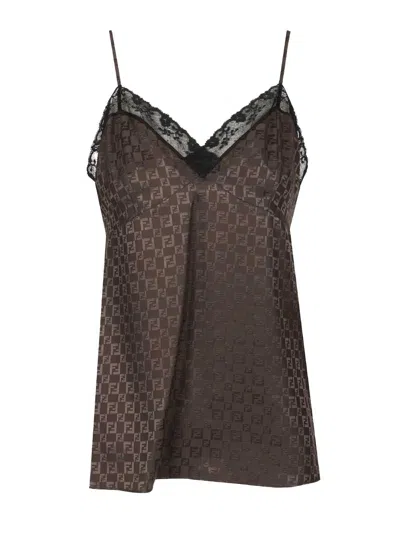 Fendi Silk Chess Ff With Lace Lingerie Top Tops Brown In Burgundy