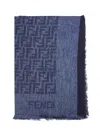 Fendi Silk Denim Blue Cotton And Wool Ff Shawl In Blue