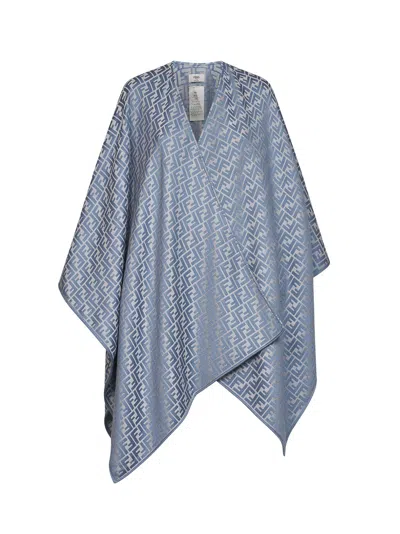 Fendi Silk Denim Ff Jacquard Wool And Silk Poncho In Blue