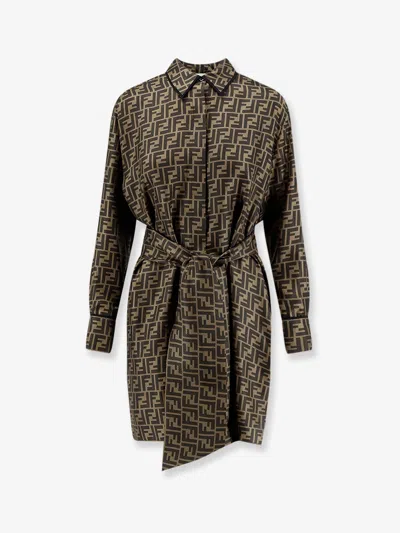 Fendi Silk Dress With All-over Ff Motif In Brown