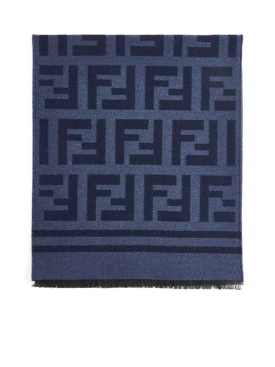 Fendi Silk Fendi Blue Wool And Silk Scarf