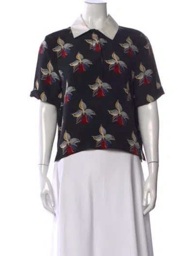 Pre-owned Fendi Silk Floral Print Polo In Black