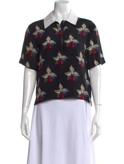 Pre-owned Fendi Silk Floral Print Polo In Black