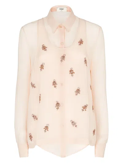 Fendi Women Georgette Top With Rhinestones And Sequins Embroidery In Multi
