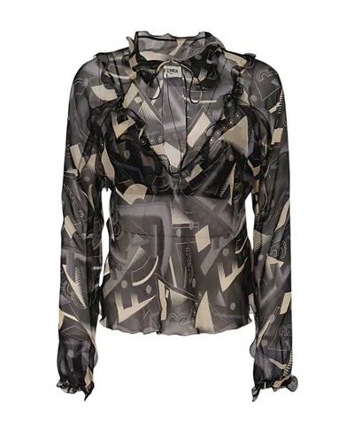 Fendi Silk Graphic Print Blouse In Black