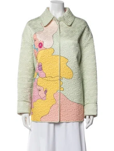 Pre-owned Fendi Silk Graphic Print Coat In Green