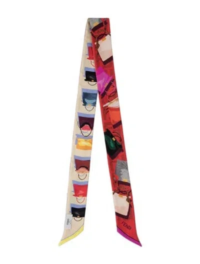 Pre-owned Fendi Silk Graphic Print Scarf In Neutrals/red