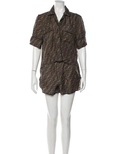 Pre-owned Fendi Silk Graphic Print Short Set In Brown