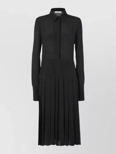 Fendi Chevron Jacquard Pleated Silk Midi Dress In Black