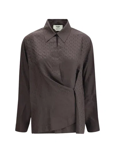 Fendi Ff Jacquard Asymmetric Long-sleeved Shirt In Black