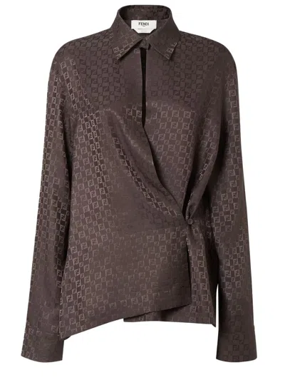 Fendi Silk Jacquard Wrap Shirt In Brown