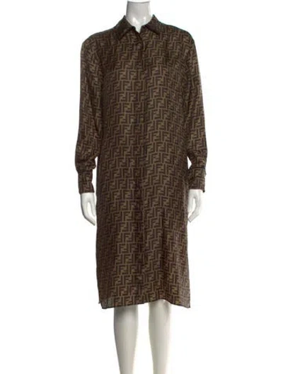 Pre-owned Fendi Silk Midi Length Dress In Brown