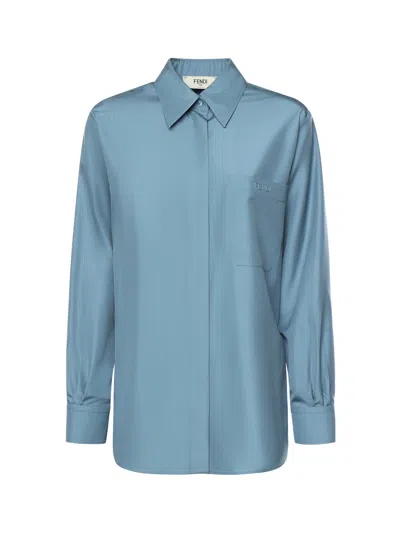 Fendi Silk Poplin Shirt In Blue