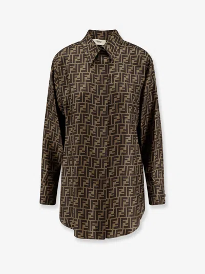 Fendi Silk Shirt With Ff Motif In Brown