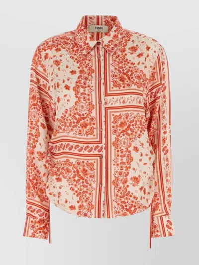 Fendi Silk Shirt With Floral Pattern And Cuff Detailing In Red