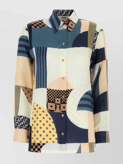 Fendi Silk Shirt With Geometric Pattern And Cuffed Sleeves