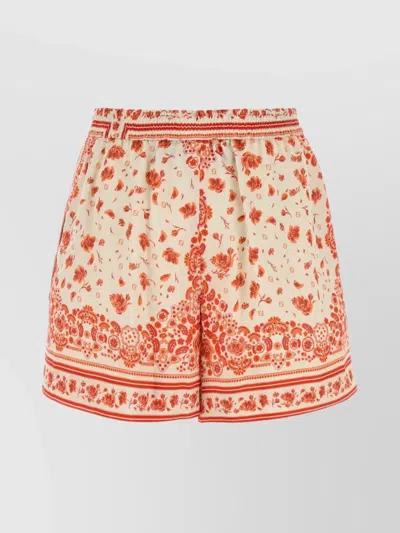 Fendi Silk Shorts With Floral Print And Pockets In Red