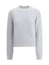 Fendi Jacquard Silk Sweater With Ribbed Crew In Powder Blue+off Whit
