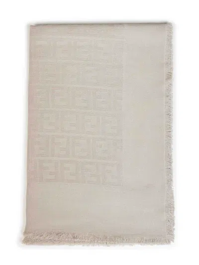 Fendi Silk Taupe Ff Wool And Silk And Cashmere Shawl<br/> In Grey