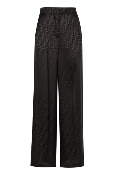 Fendi Luxury Silk Jacquard Trousers In Black