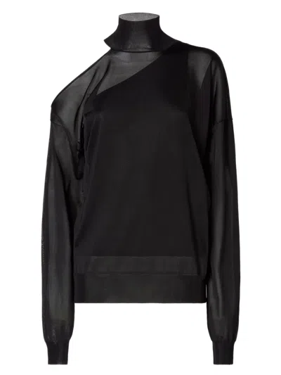 Fendi Silk Turtleneck Sweater With Cut-out Shoulder And Loose Ribbed Fit In Nero