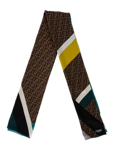 Pre-owned Fendi Silk Zucca Ff Logo Scarf In Blue/brown