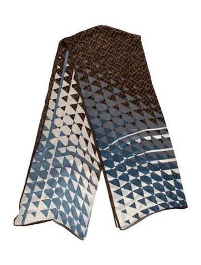Pre-owned Fendi Silk Zucca Ff Logo Scarf In Blue/brown