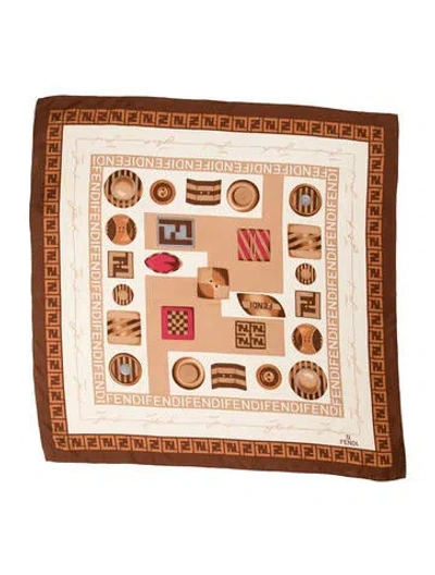 Pre-owned Fendi Silk Zucca Ff Logo Scarf In Brown/neutrals