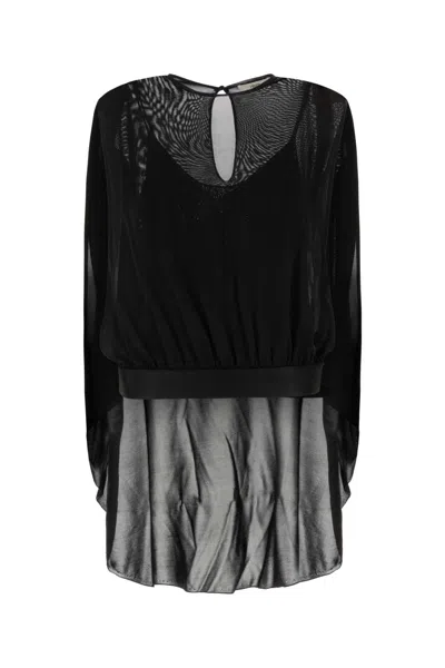Fendi Silk-blend With Sheer Net Overlay Blouse In Black