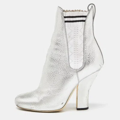 Pre-owned Fendi Silver Leather Marie Antoinette Ankle Boots Size 37
