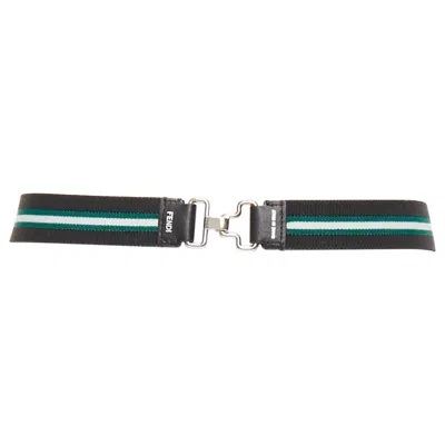 Pre-owned Fendi Silver Logo Black Green Stripe Stretch Fabric Leather Skinny Belt