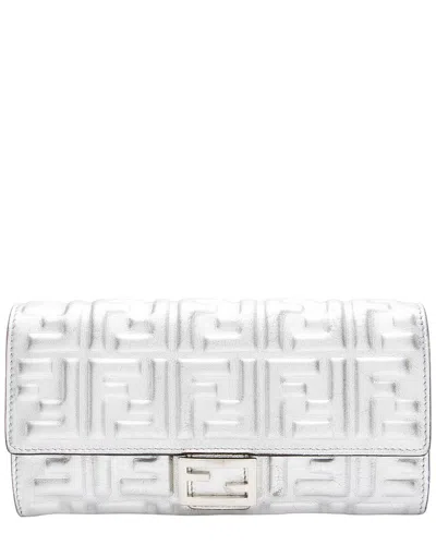 Pre-owned Fendi Silver Metallic Embossed Leather Ff Nappa Baguette Continental Wallet  (authentic Pre-loved)