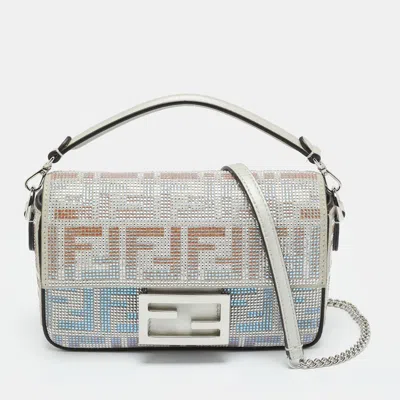 Pre-owned Fendi Silver Suede Ff Iridescent Crystals Mini Baguette Bag